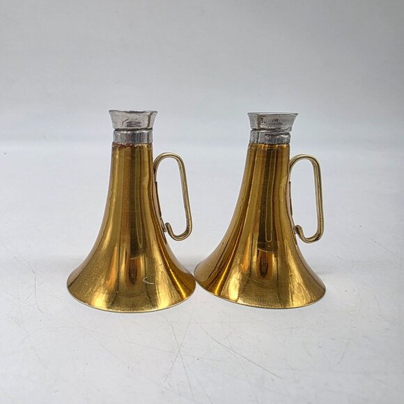 Vintage Brass & Glass Buggle Horn Shaped Salt & Pepper Shakers Removable Caps - Picture 8 of 10